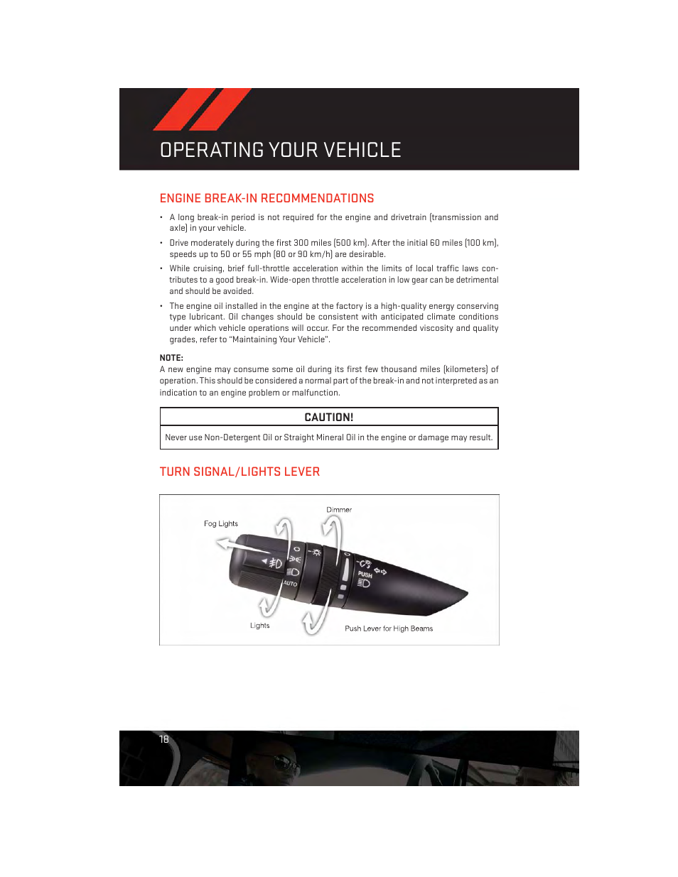 Operating your vehicle, Engine break-in recommendations, Turn signal/lights lever | Dodge 2013 Avenger - User Guide User Manual | Page 20 / 108