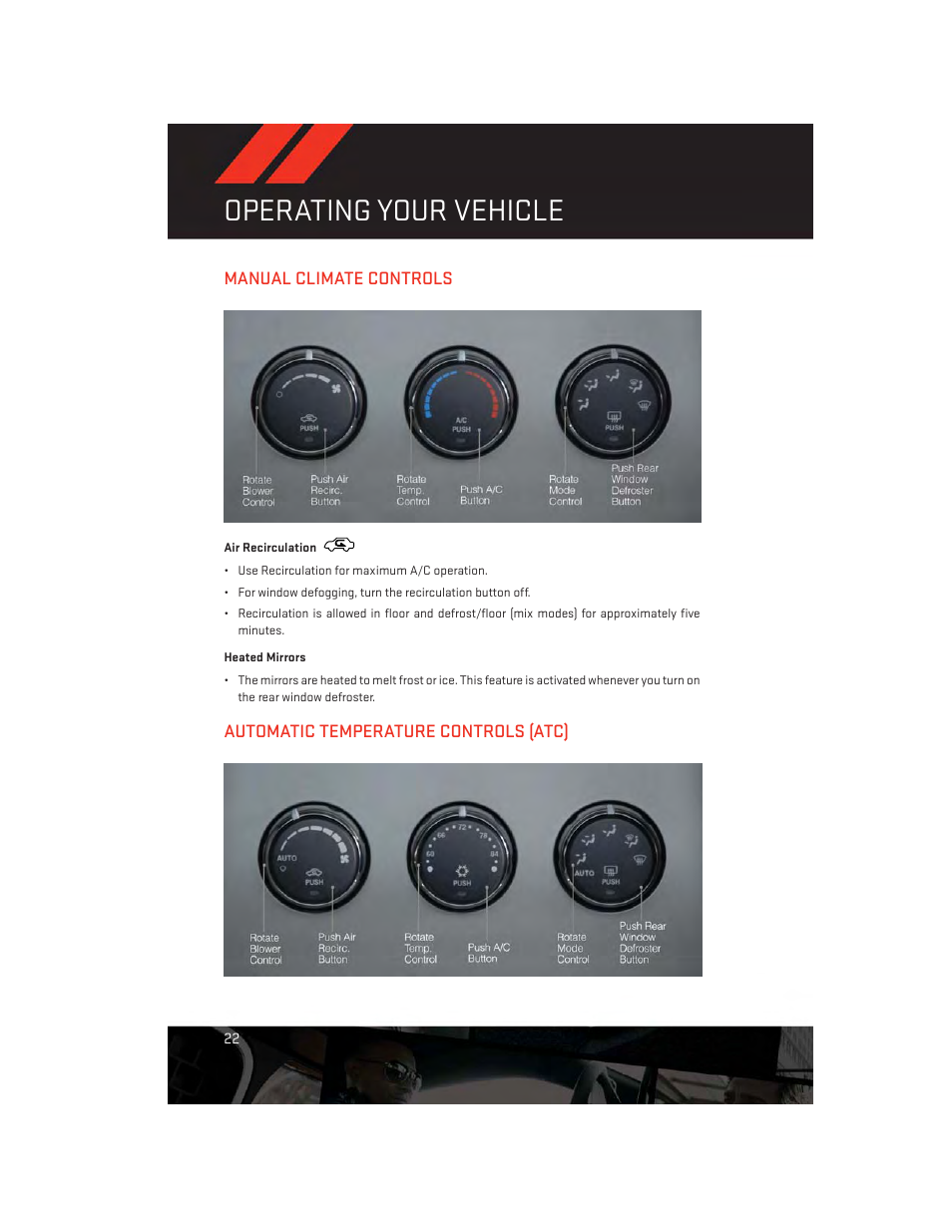 Manual climate controls, Air recirculation, Heated mirrors | Automatic temperature controls (atc), Operating your vehicle | Dodge 2013 Avenger - User Guide User Manual | Page 24 / 108
