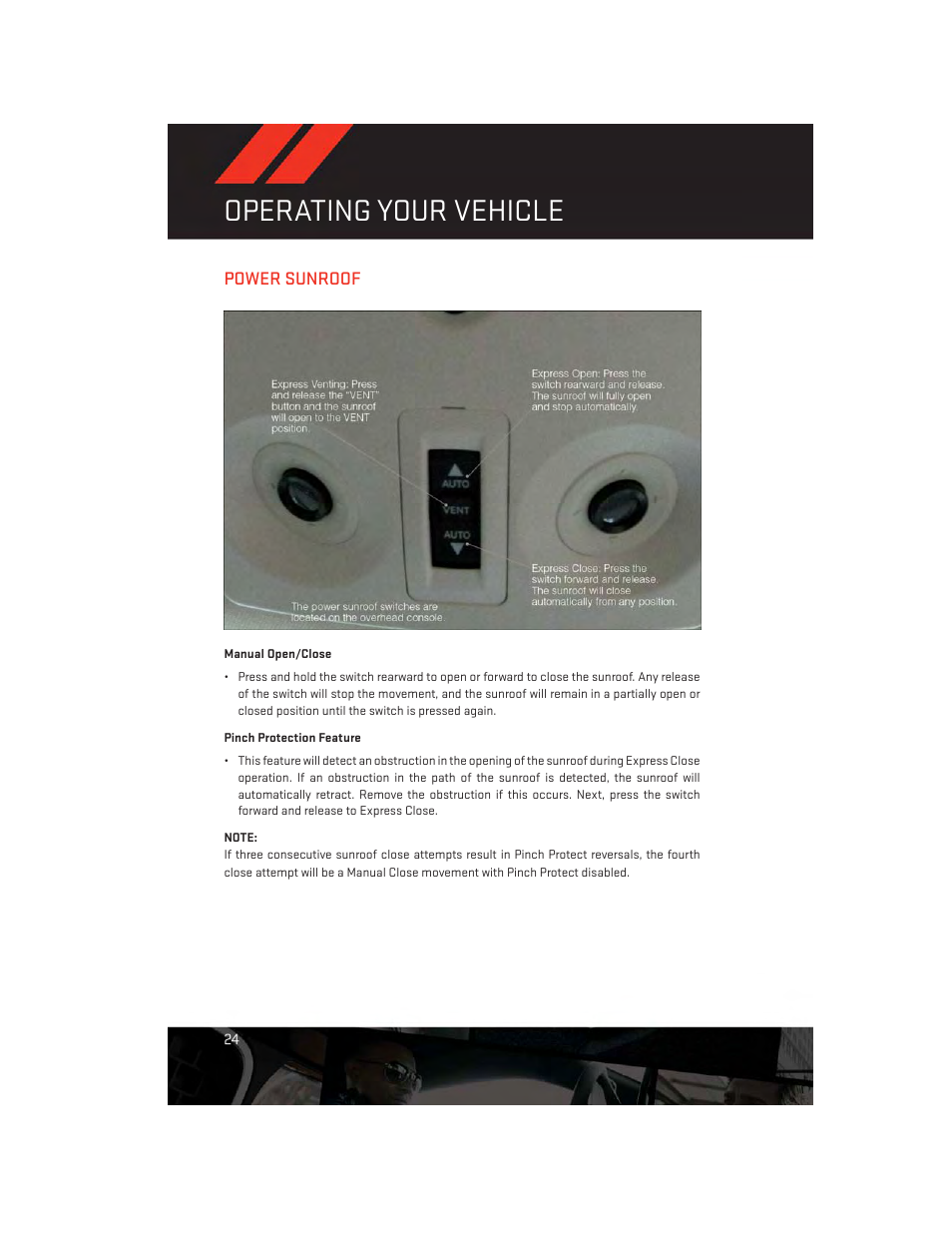 Power sunroof, Manual open/close, Pinch protection feature | Operating your vehicle | Dodge 2013 Avenger - User Guide User Manual | Page 26 / 108