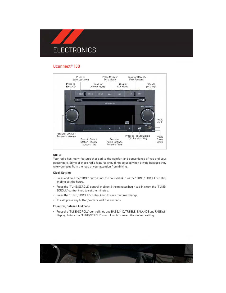 Uconnect® 130, Clock setting, Equalizer, balance and fade | Electronics | Dodge 2013 Avenger - User Guide User Manual | Page 30 / 108