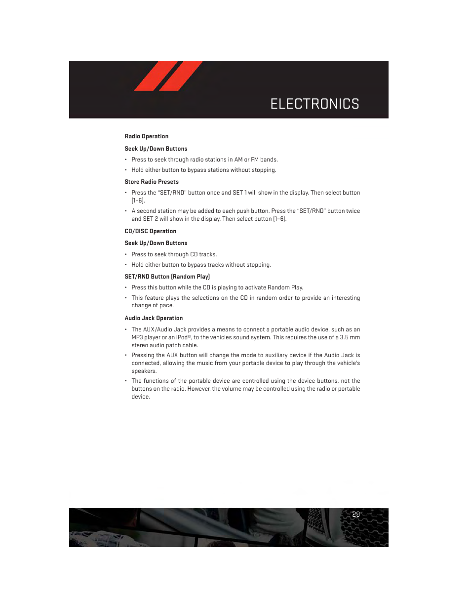 Radio operation, Cd/disc operation, Audio jack operation | Electronics | Dodge 2013 Avenger - User Guide User Manual | Page 31 / 108