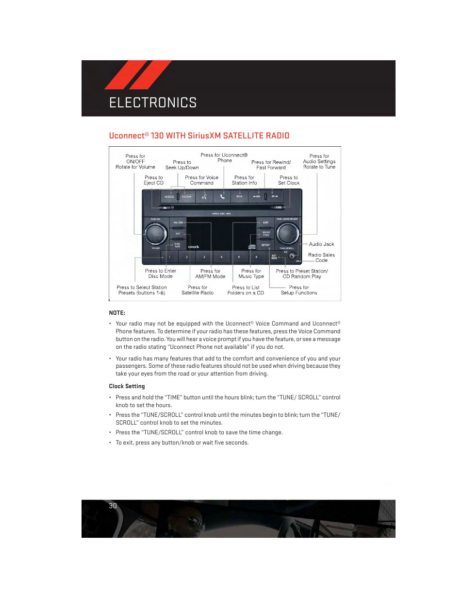 Uconnect® 130 with siriusxm satellite radio, Clock setting, Electronics | Dodge 2013 Avenger - User Guide User Manual | Page 32 / 108