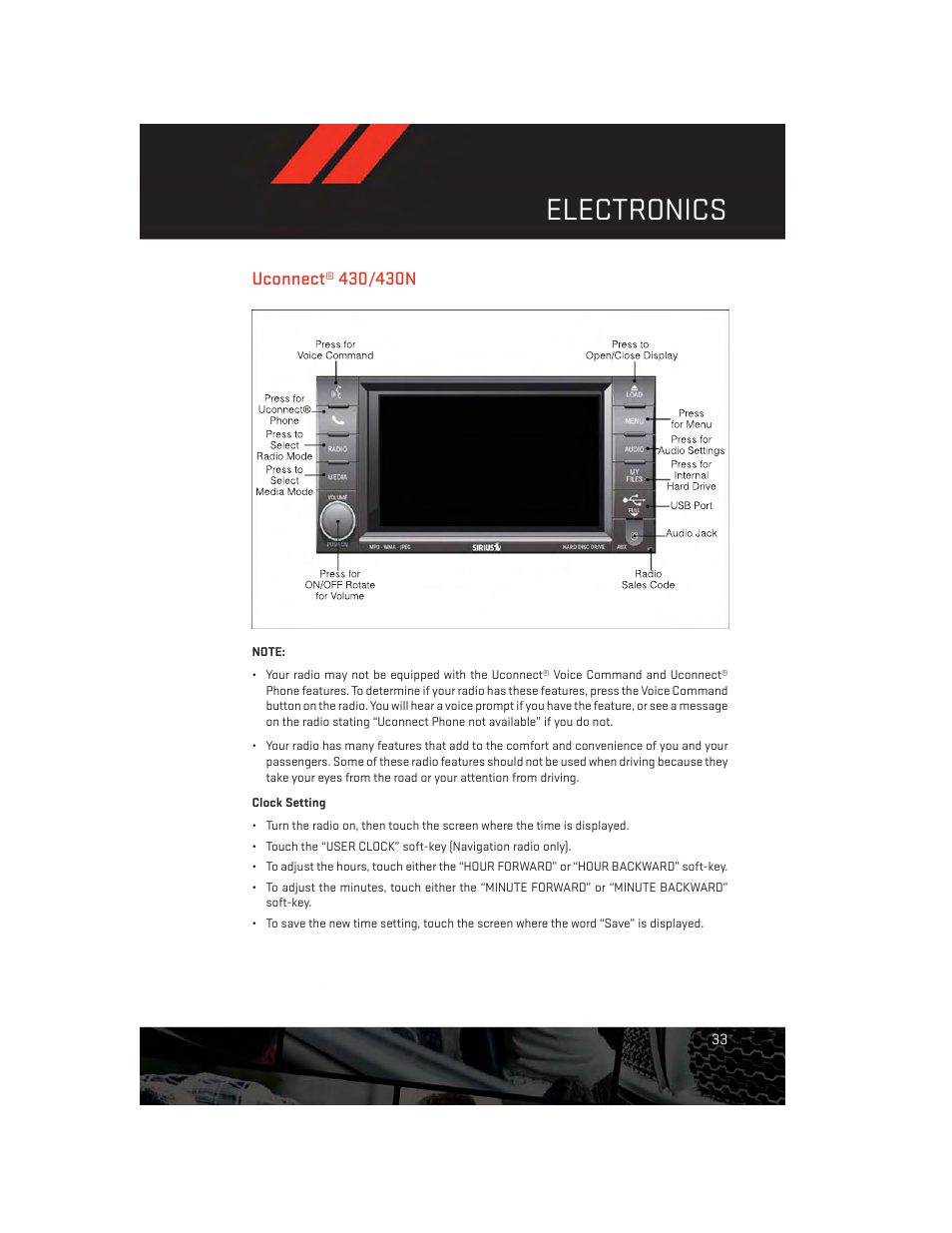 Uconnect® 430/430n, Clock setting, Electronics | Dodge 2013 Avenger - User Guide User Manual | Page 35 / 108