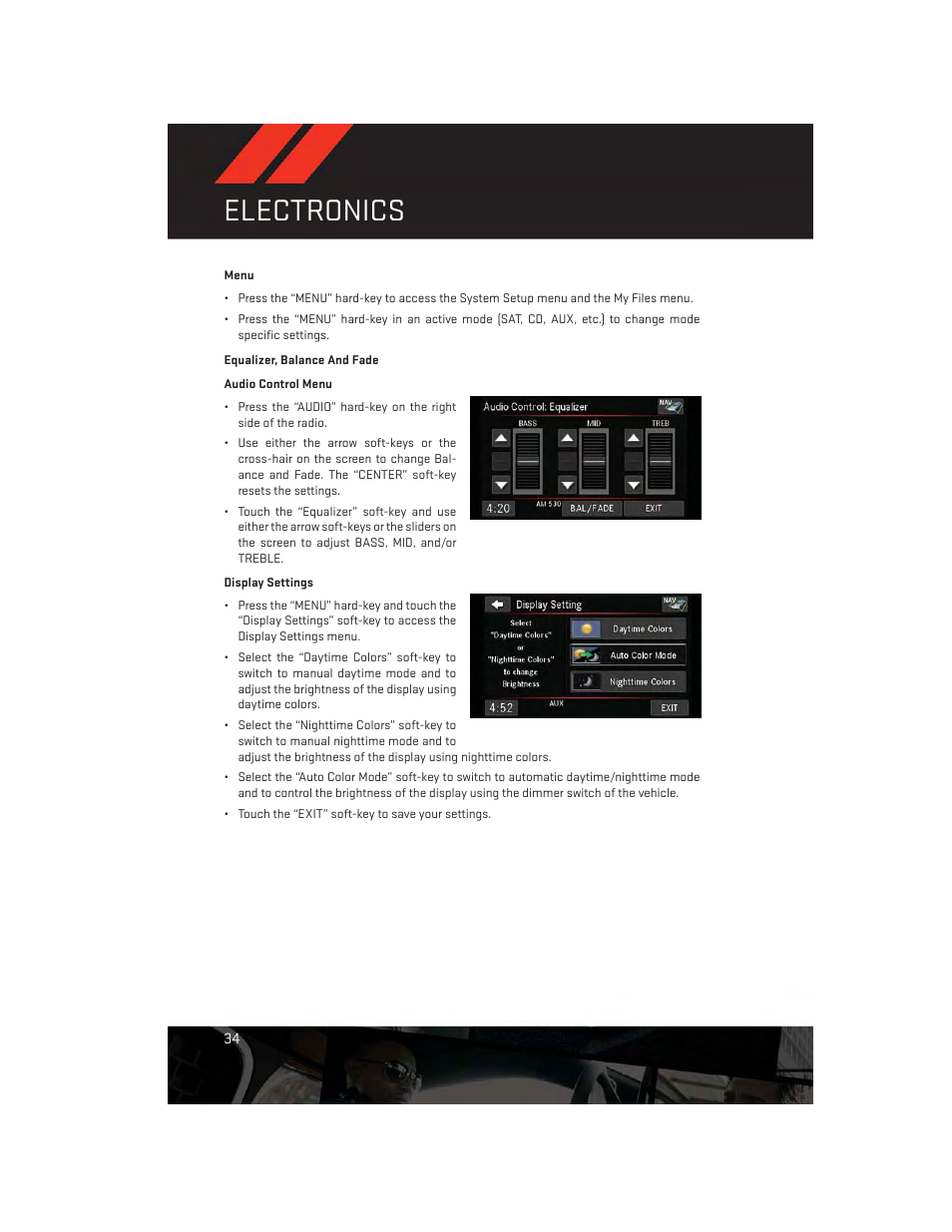 Menu, Equalizer, balance and fade, Electronics | Dodge 2013 Avenger - User Guide User Manual | Page 36 / 108