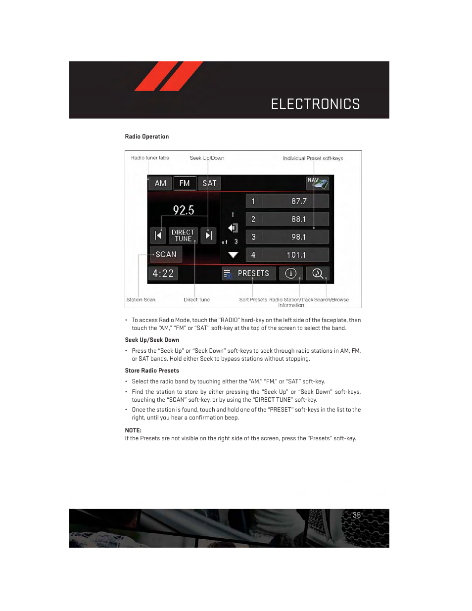 Radio operation, Electronics | Dodge 2013 Avenger - User Guide User Manual | Page 37 / 108