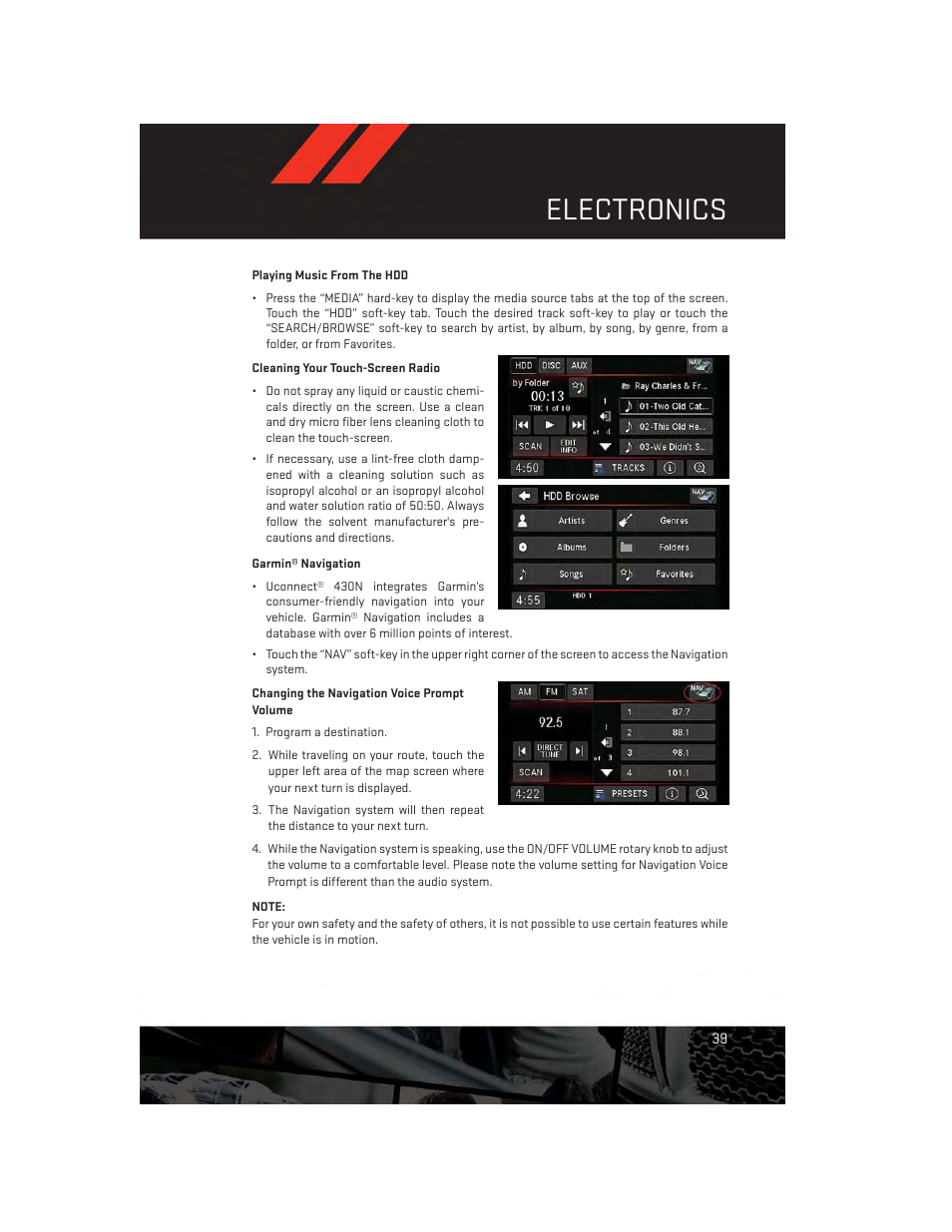 Cleaning your touch-screen radio, Garmin® navigation, Electronics | Dodge 2013 Avenger - User Guide User Manual | Page 41 / 108