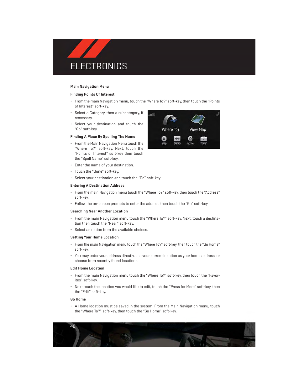 Main navigation menu, Electronics | Dodge 2013 Avenger - User Guide User Manual | Page 42 / 108