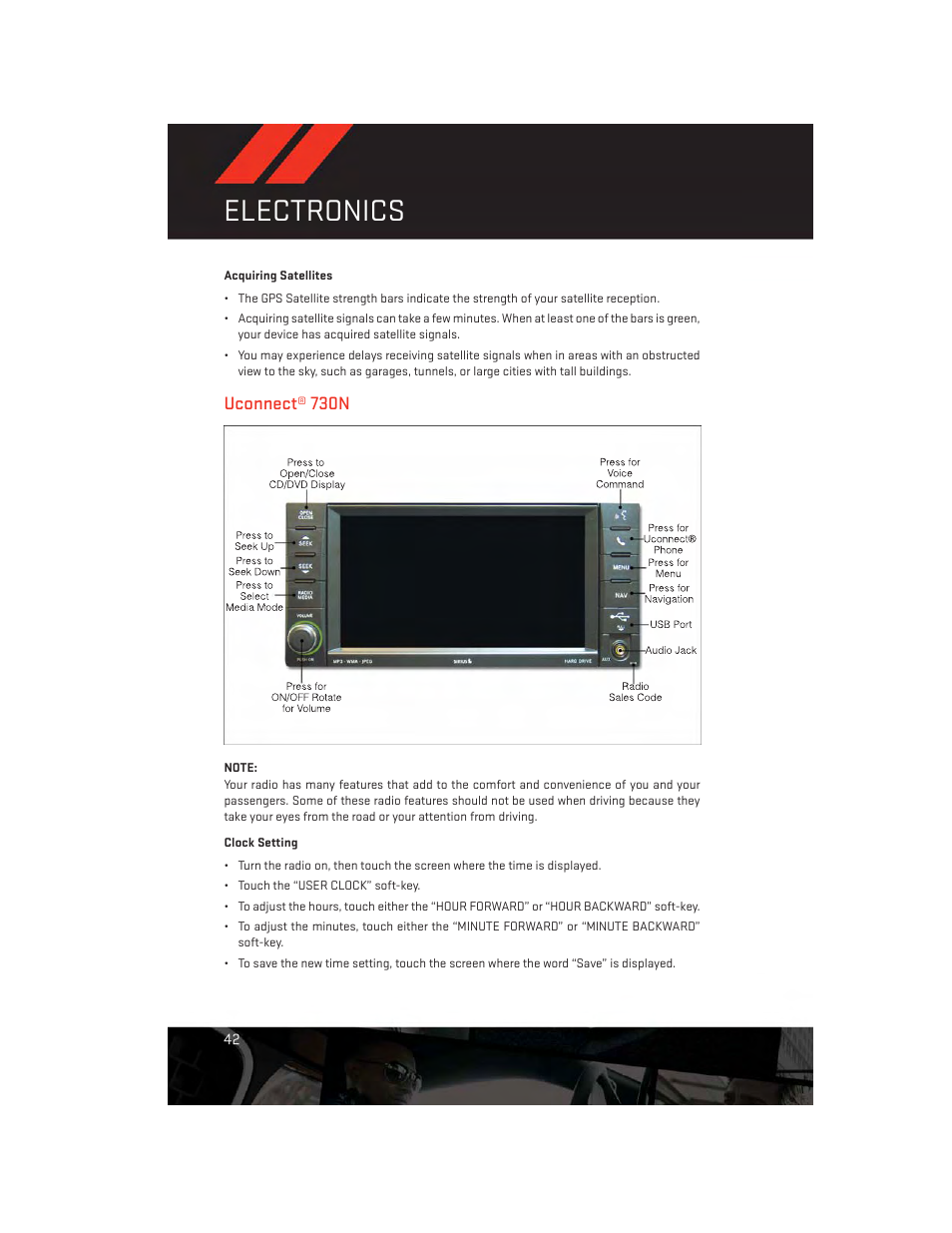 Uconnect® 730n, Clock setting, Electronics | Dodge 2013 Avenger - User Guide User Manual | Page 44 / 108