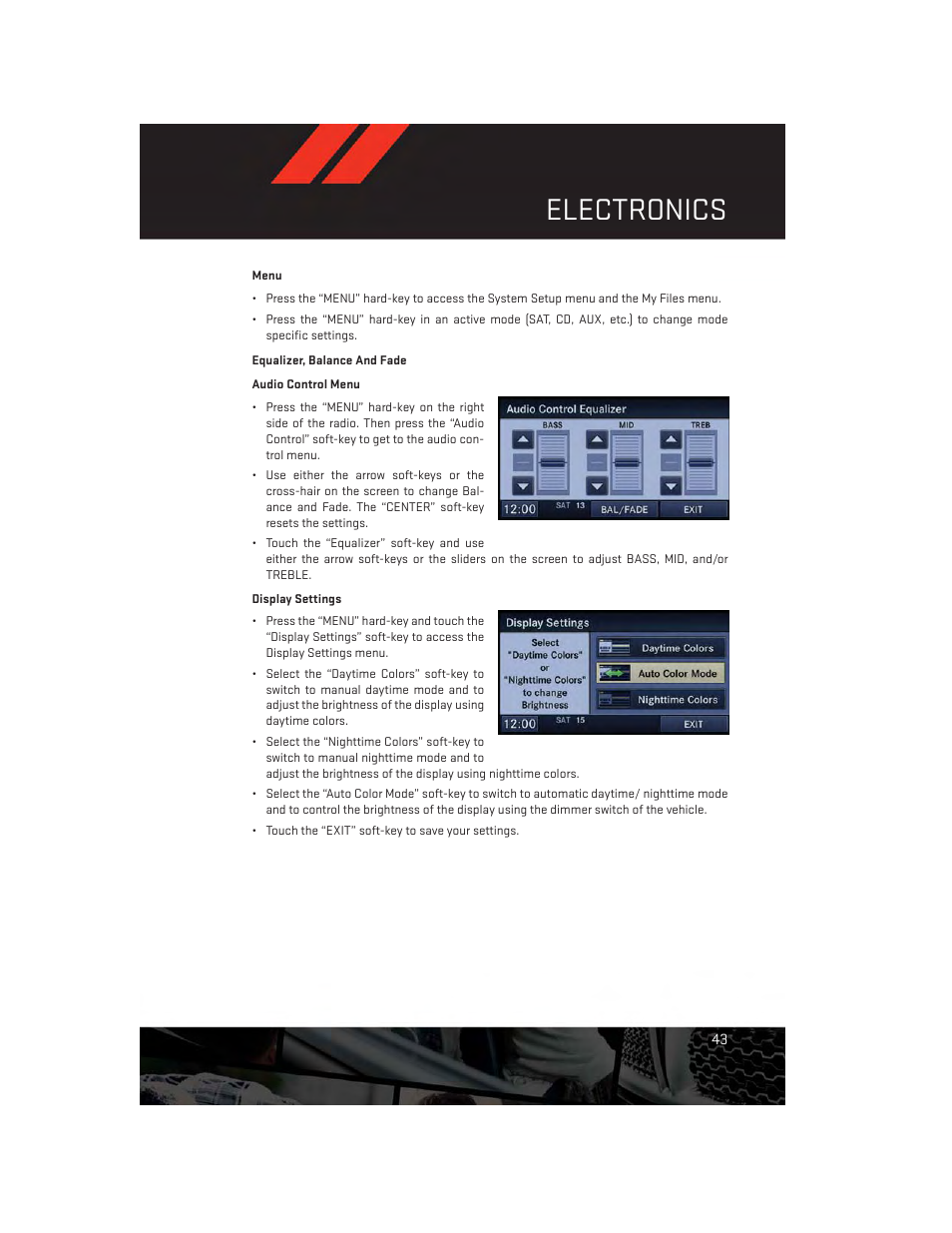 Menu, Equalizer, balance and fade, Electronics | Dodge 2013 Avenger - User Guide User Manual | Page 45 / 108