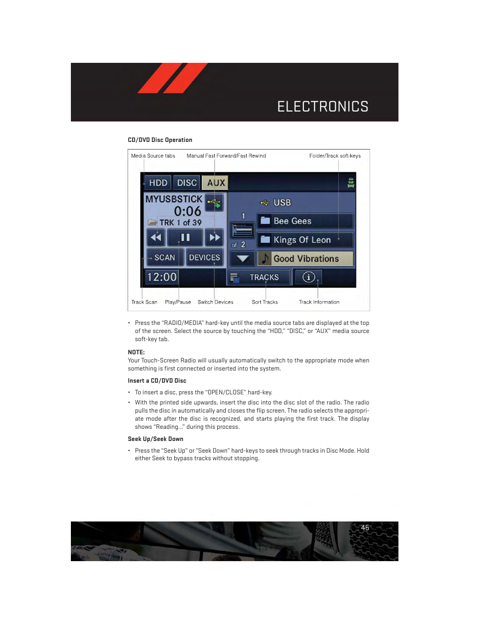 Cd/dvd disc operation, Electronics | Dodge 2013 Avenger - User Guide User Manual | Page 47 / 108