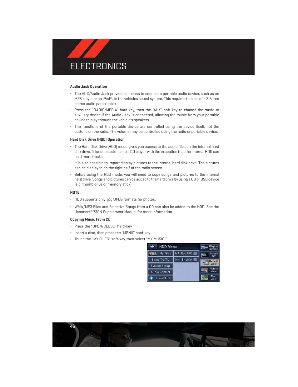 Audio jack operation, Hard disk drive (hdd) operation, Electronics | Dodge 2013 Avenger - User Guide User Manual | Page 48 / 108