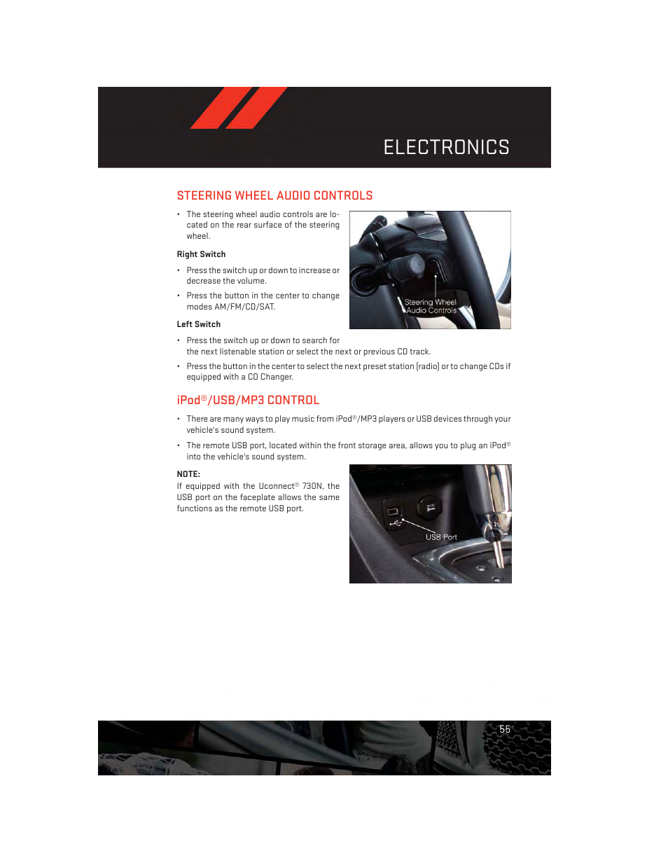 Steering wheel audio controls, Right switch, Left switch | Ipod®/usb/mp3 control, Electronics | Dodge 2013 Avenger - User Guide User Manual | Page 57 / 108