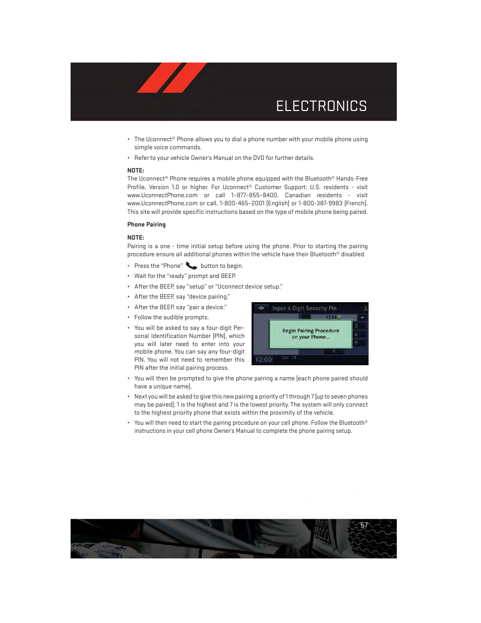 Phone pairing, Electronics | Dodge 2013 Avenger - User Guide User Manual | Page 59 / 108