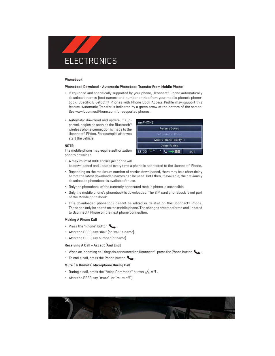 Phonebook, Making a phone call, Receiving a call – accept (and end) | Mute (or unmute) microphone during call, Electronics | Dodge 2013 Avenger - User Guide User Manual | Page 60 / 108