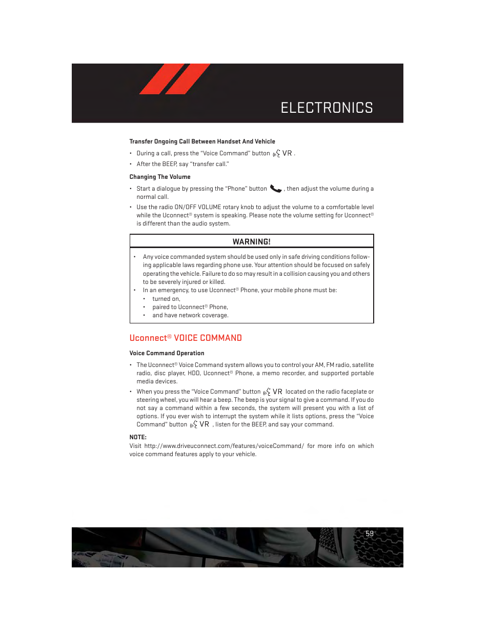 Transfer ongoing call between handset and vehicle, Changing the volume, Uconnect® voice command | Voice command operation, Electronics | Dodge 2013 Avenger - User Guide User Manual | Page 61 / 108