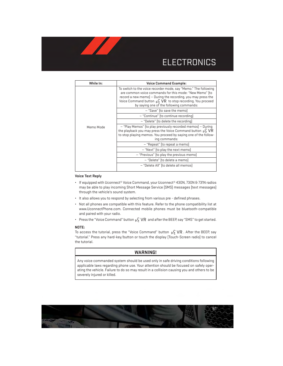 Voice text reply, Electronics, Warning | Dodge 2013 Avenger - User Guide User Manual | Page 63 / 108