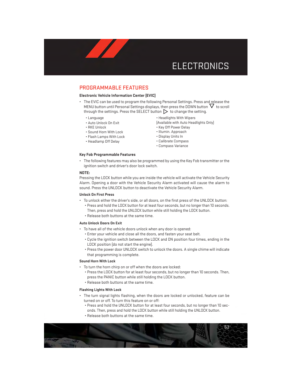 Programmable features, Electronic vehicle information center (evic), Key fob programmable features | Electronics | Dodge 2013 Avenger - User Guide User Manual | Page 65 / 108