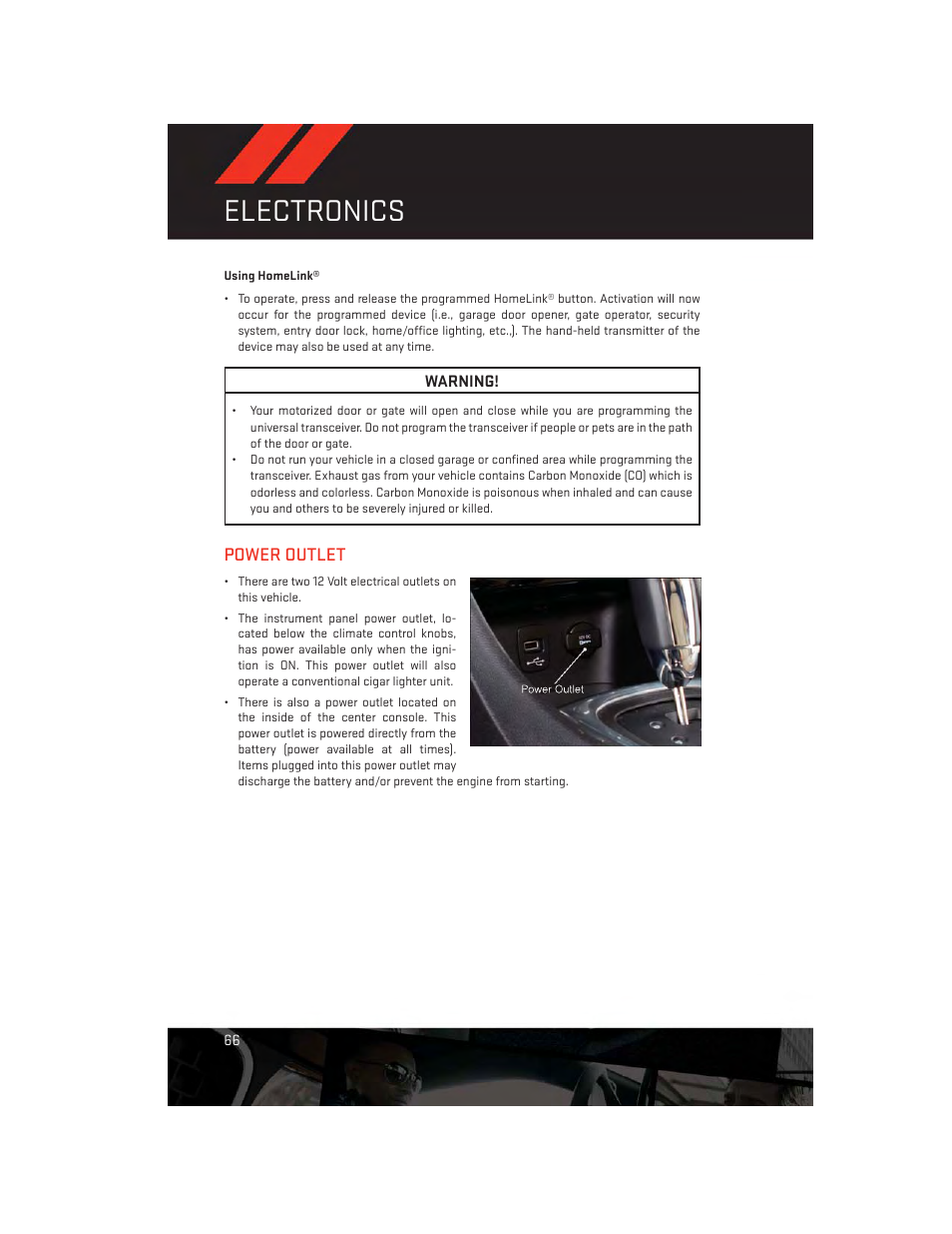 Using homelink, Power outlet, Electronics | Dodge 2013 Avenger - User Guide User Manual | Page 68 / 108