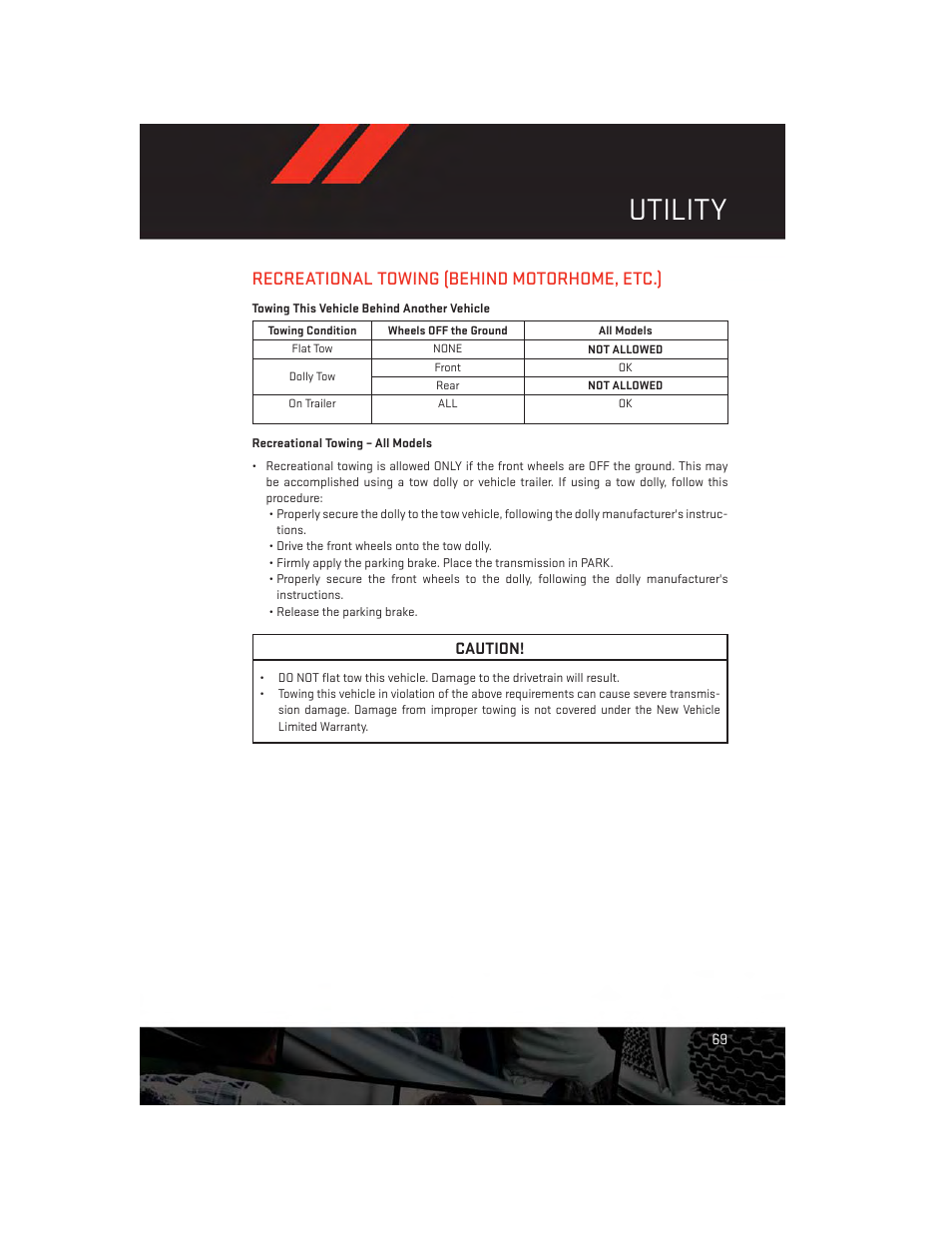 Recreational towing (behind motorhome, etc.), Towing this vehicle behind another vehicle, Recreational towing – all models | Utility, Caution | Dodge 2013 Avenger - User Guide User Manual | Page 71 / 108