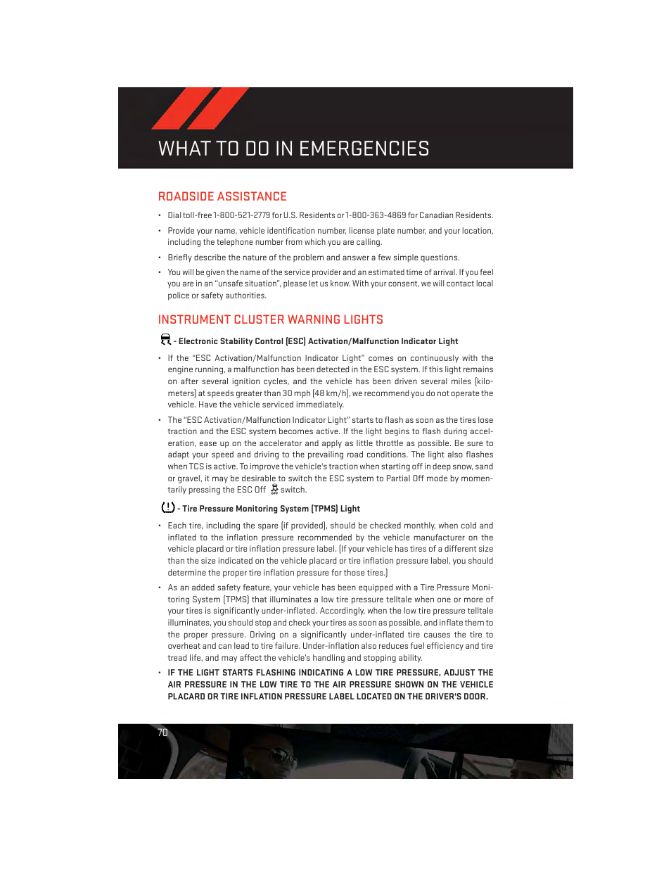 What to do in emergencies, Roadside assistance, Instrument cluster warning lights | Tire pressure monitoring system (tpms) light | Dodge 2013 Avenger - User Guide User Manual | Page 72 / 108