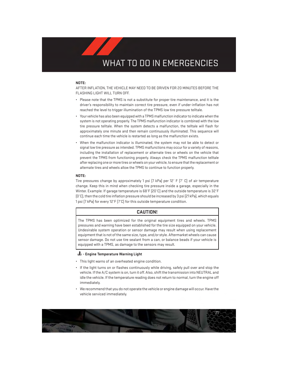 Engine temperature warning light, What to do in emergencies | Dodge 2013 Avenger - User Guide User Manual | Page 73 / 108