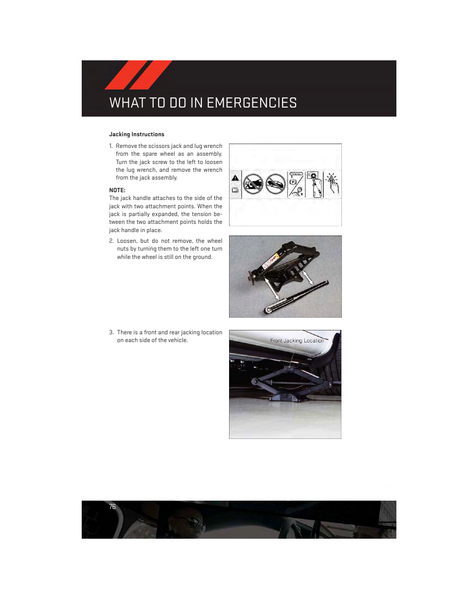 Jacking instructions, What to do in emergencies | Dodge 2013 Avenger - User Guide User Manual | Page 78 / 108