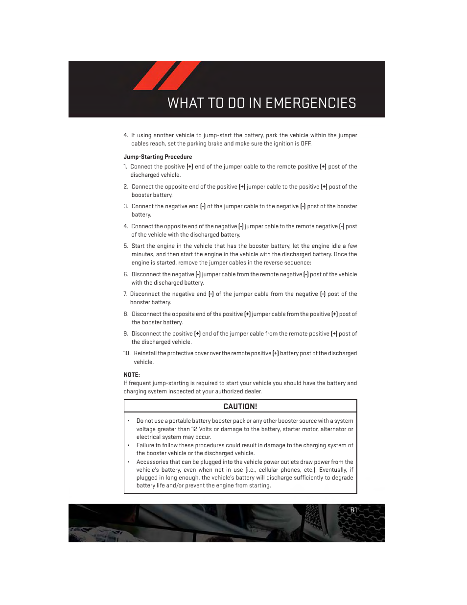 Jump-starting procedure, What to do in emergencies | Dodge 2013 Avenger - User Guide User Manual | Page 83 / 108