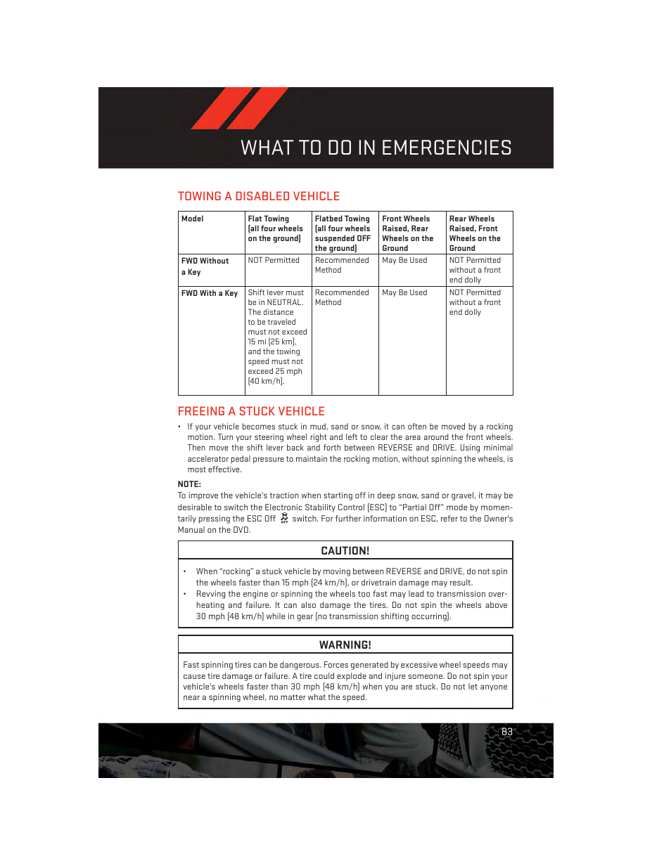 Towing a disabled vehicle, Freeing a stuck vehicle, Towing a disabled vehicle freeing a stuck vehicle | What to do in emergencies | Dodge 2013 Avenger - User Guide User Manual | Page 85 / 108