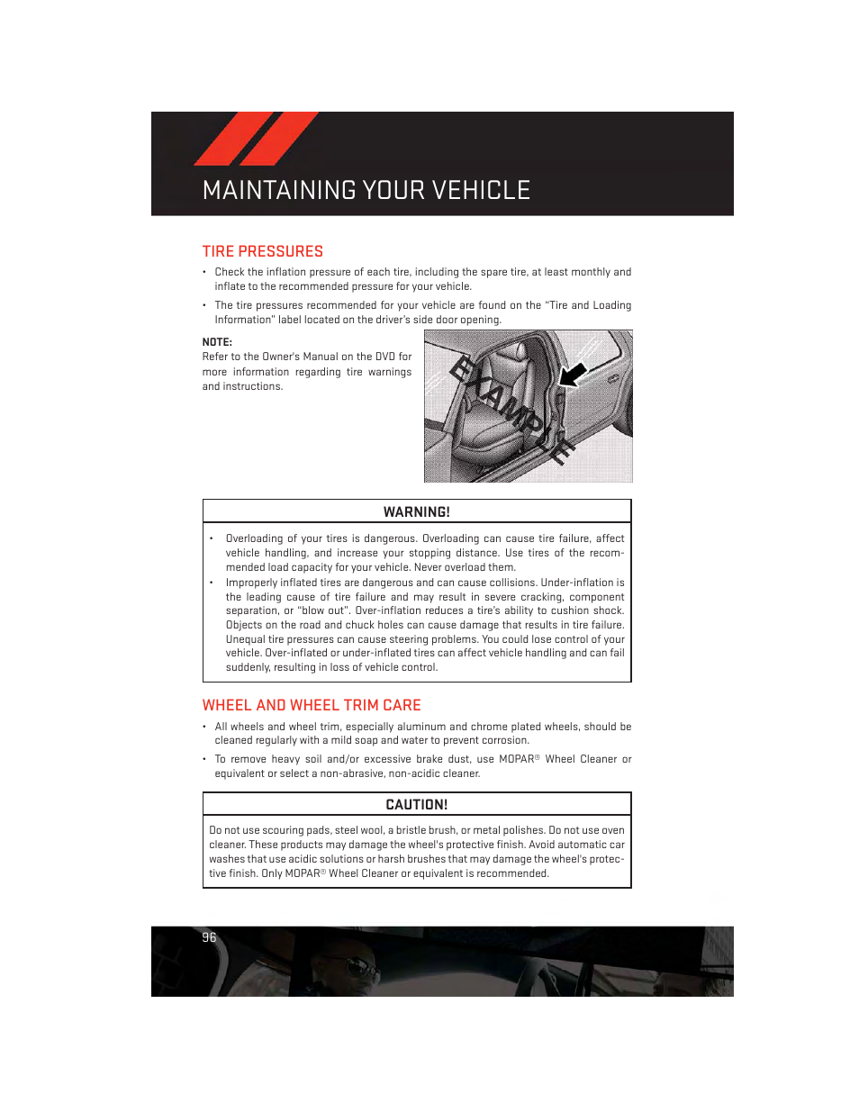 Tire pressures, Wheel and wheel trim care, Maintaining your vehicle | Dodge 2013 Avenger - User Guide User Manual | Page 98 / 108