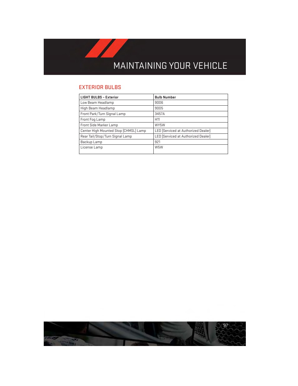 Exterior bulbs, Maintaining your vehicle | Dodge 2013 Avenger - User Guide User Manual | Page 99 / 108