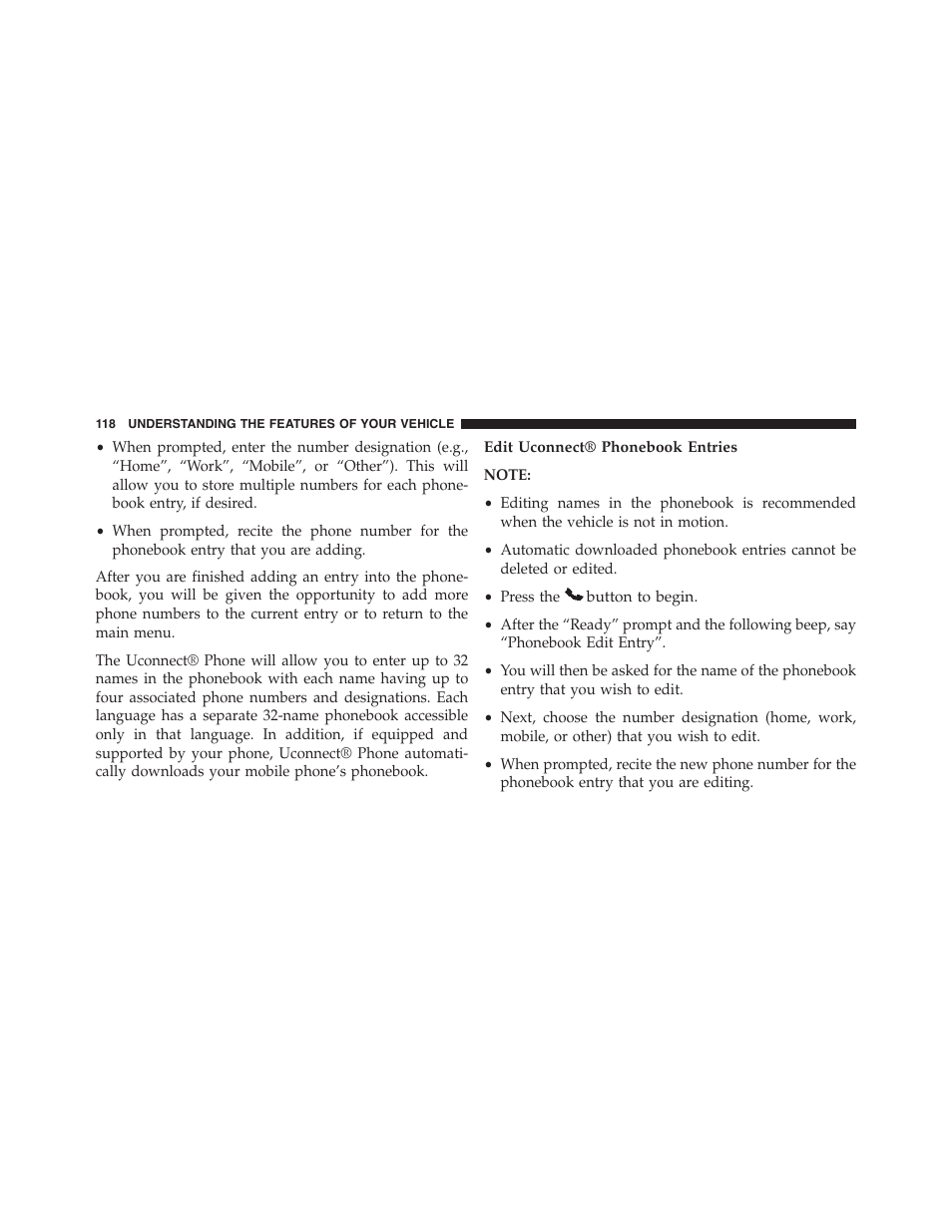 Edit uconnect® phonebook entries | Dodge 2013 Challenger - Owner Manual User Manual | Page 120 / 530