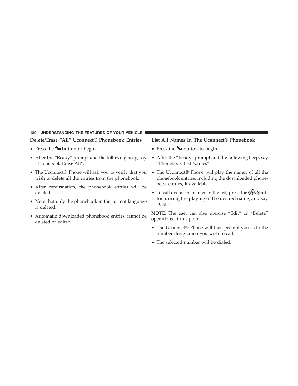 Delete/erase “all” uconnect® phonebook entries, List all names in the uconnect® phonebook | Dodge 2013 Challenger - Owner Manual User Manual | Page 122 / 530