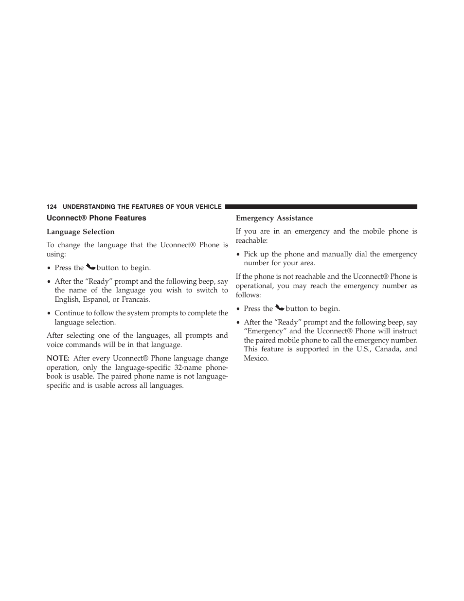 Uconnect® phone features, Language selection, Emergency assistance | Dodge 2013 Challenger - Owner Manual User Manual | Page 126 / 530