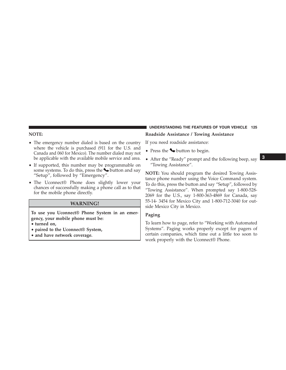 Roadside assistance / towing assistance, Paging | Dodge 2013 Challenger - Owner Manual User Manual | Page 127 / 530