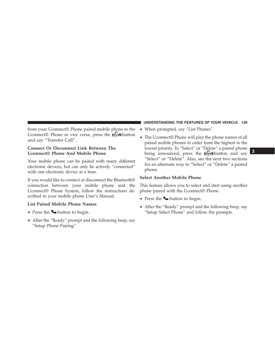 List paired mobile phone names, Select another mobile phone | Dodge 2013 Challenger - Owner Manual User Manual | Page 131 / 530