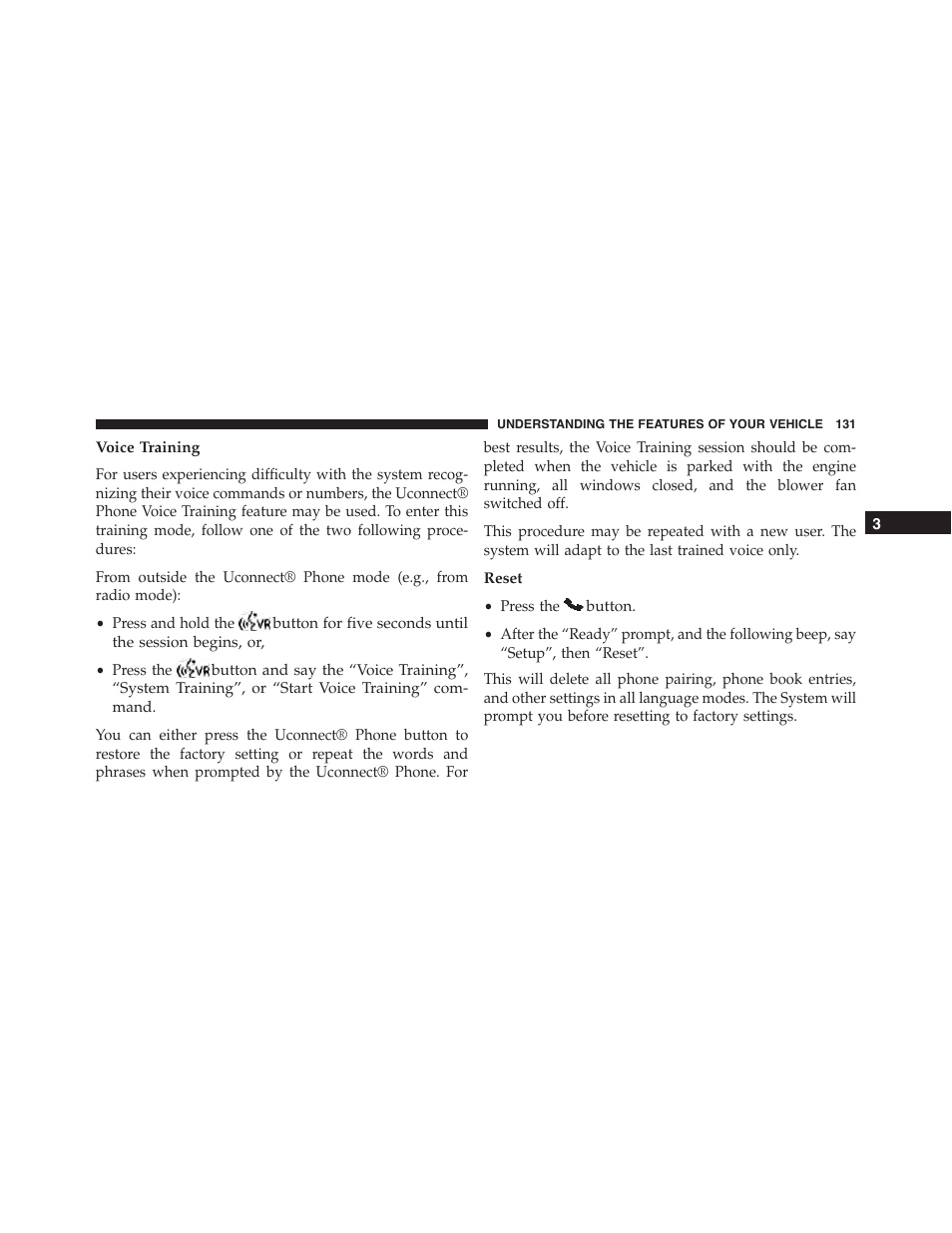 Voice training, Reset | Dodge 2013 Challenger - Owner Manual User Manual | Page 133 / 530