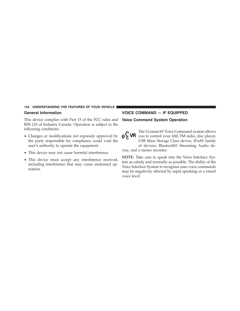 General information, Voice command — if equipped, Voice command system operation | Dodge 2013 Challenger - Owner Manual User Manual | Page 144 / 530