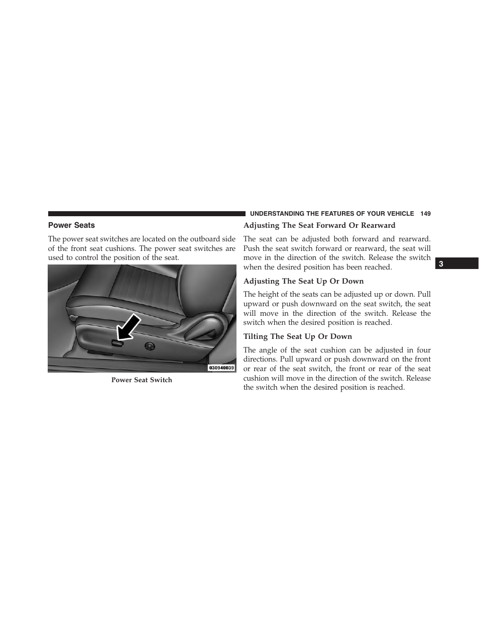 Power seats, Adjusting the seat forward or rearward, Adjusting the seat up or down | Tilting the seat up or down | Dodge 2013 Challenger - Owner Manual User Manual | Page 151 / 530