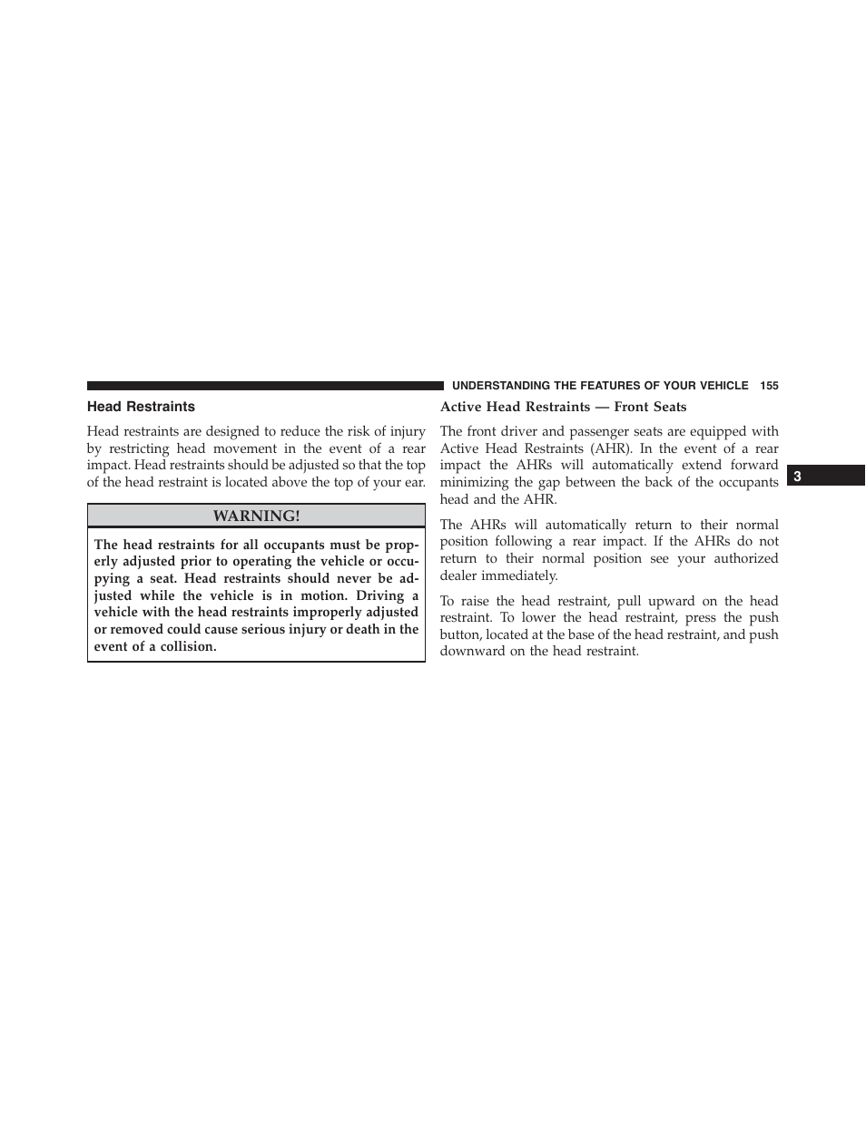 Head restraints, Active head restraints — front seats | Dodge 2013 Challenger - Owner Manual User Manual | Page 157 / 530