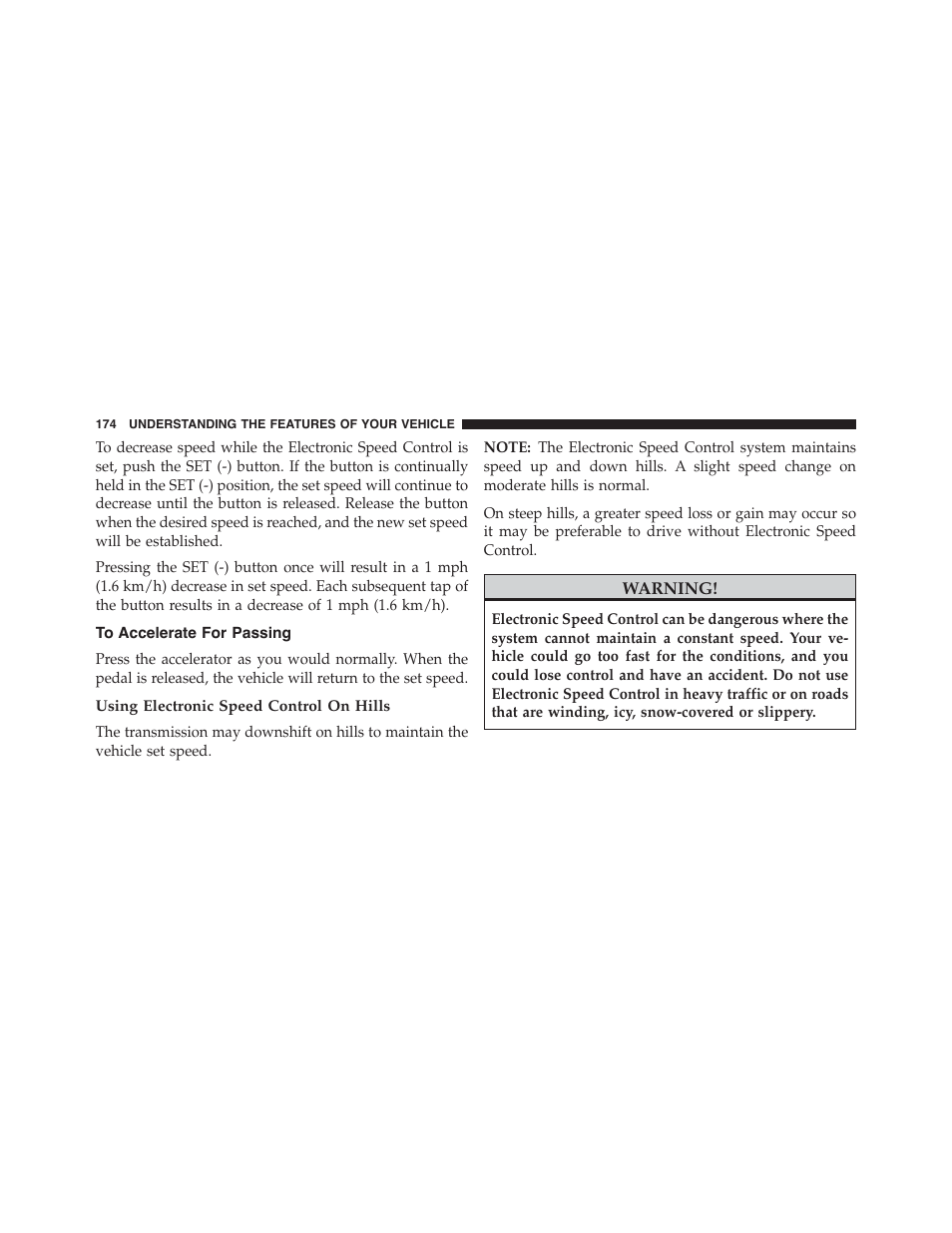 To accelerate for passing, Using electronic speed control on hills | Dodge 2013 Challenger - Owner Manual User Manual | Page 176 / 530