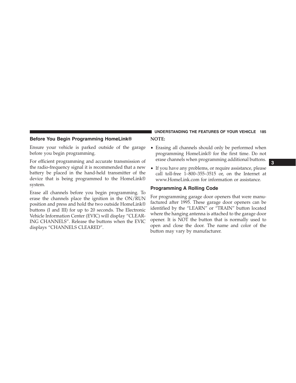 Before you begin programming homelink, Programming a rolling code | Dodge 2013 Challenger - Owner Manual User Manual | Page 187 / 530