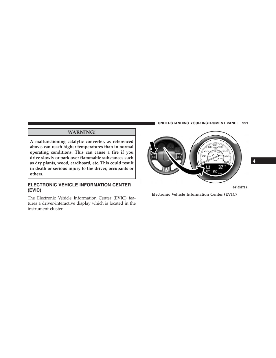 Electronic vehicle information center (evic), Electronic vehicle information center, Evic) | Dodge 2013 Challenger - Owner Manual User Manual | Page 223 / 530