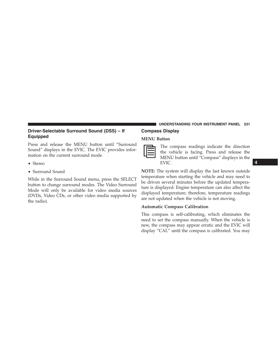 Compass display, Automatic compass calibration, Driver-selectable surround sound (dss) – if | Equipped | Dodge 2013 Challenger - Owner Manual User Manual | Page 233 / 530