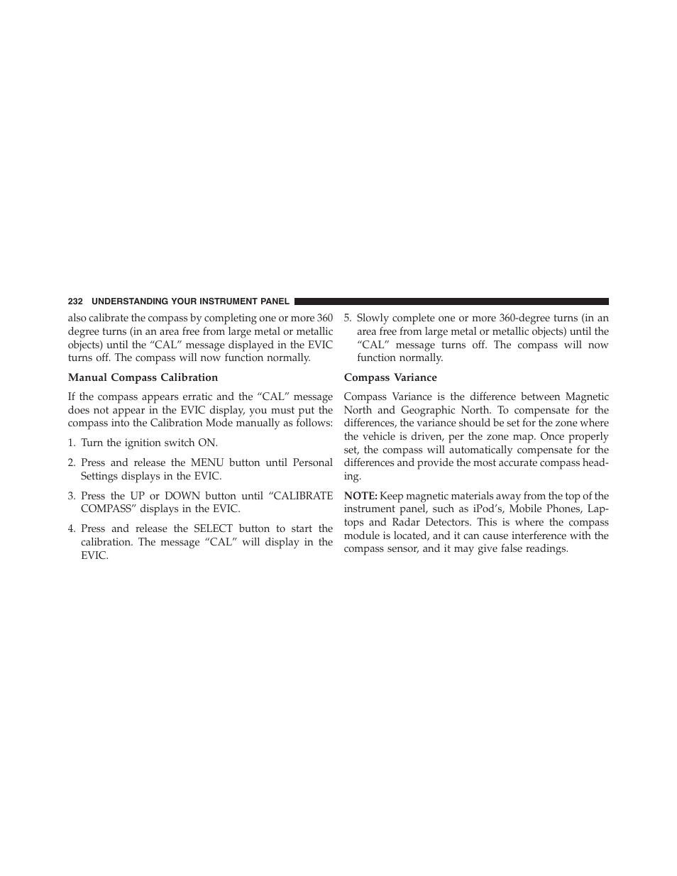 Manual compass calibration, Compass variance | Dodge 2013 Challenger - Owner Manual User Manual | Page 234 / 530