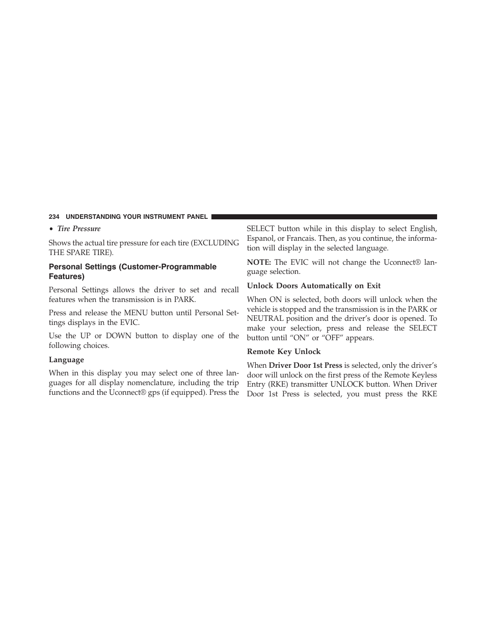 Personal settings (customer-programmable features), Language, Unlock doors automatically on exit | Remote key unlock, Personal settings (customer-programmable, Features) | Dodge 2013 Challenger - Owner Manual User Manual | Page 236 / 530