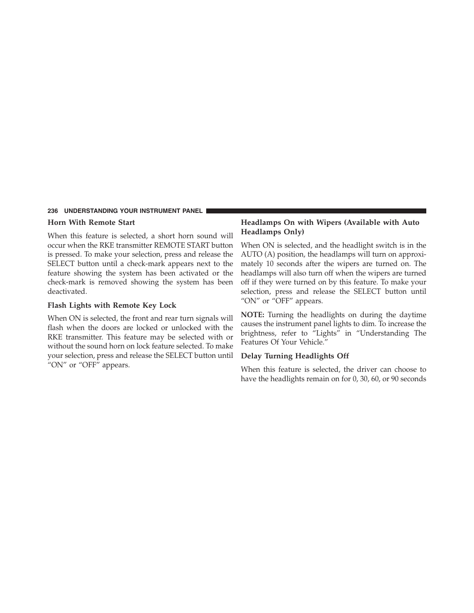 Horn with remote start, Flash lights with remote key lock, Delay turning headlights off | Dodge 2013 Challenger - Owner Manual User Manual | Page 238 / 530