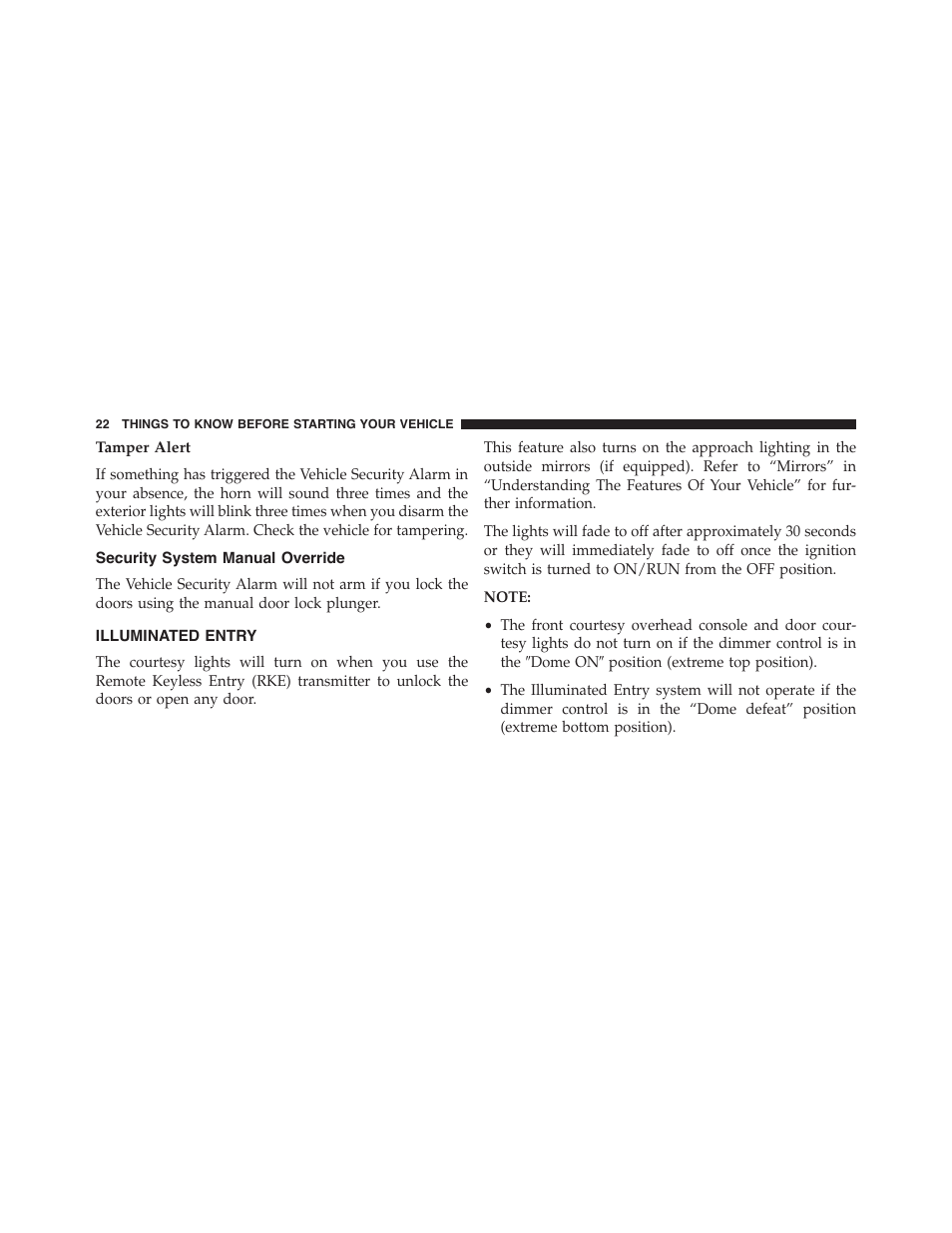 Tamper alert, Security system manual override, Illuminated entry | Dodge 2013 Challenger - Owner Manual User Manual | Page 24 / 530