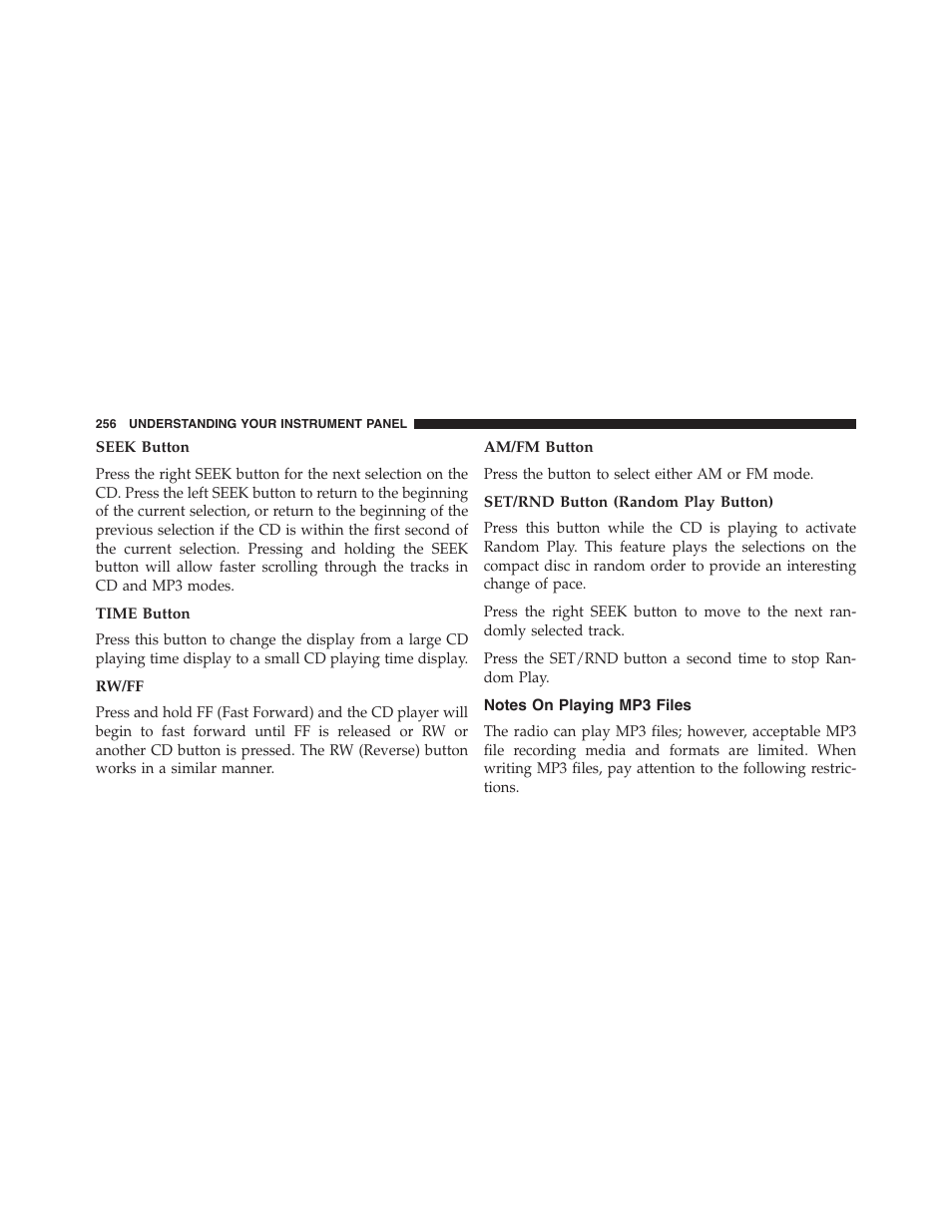 Seek button, Time button, Rw/ff | Am/fm button, Set/rnd button (random play button), Notes on playing mp3 files | Dodge 2013 Challenger - Owner Manual User Manual | Page 258 / 530