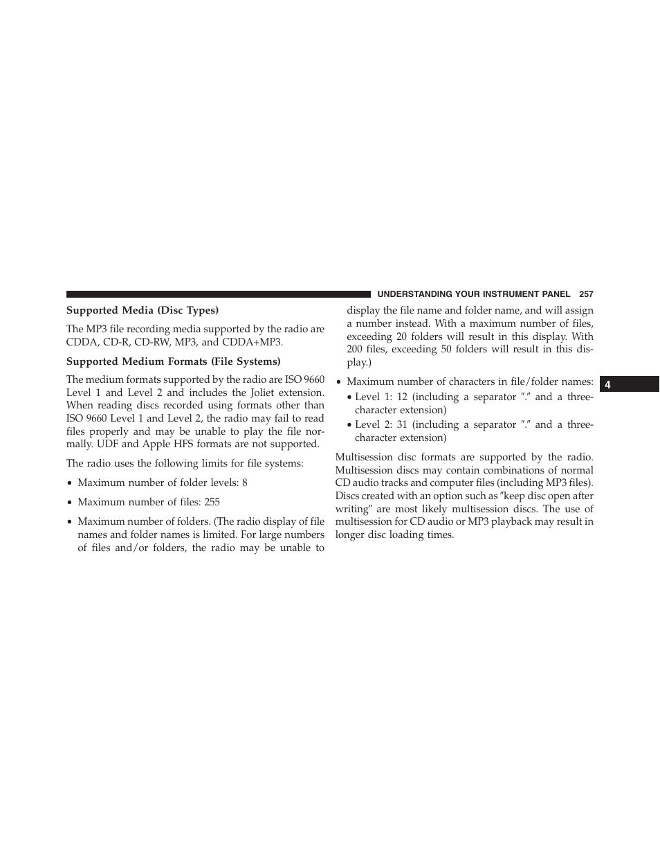 Supported media (disc types), Supported medium formats (file systems) | Dodge 2013 Challenger - Owner Manual User Manual | Page 259 / 530