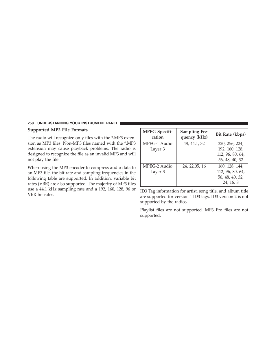 Supported mp3 file formats | Dodge 2013 Challenger - Owner Manual User Manual | Page 260 / 530